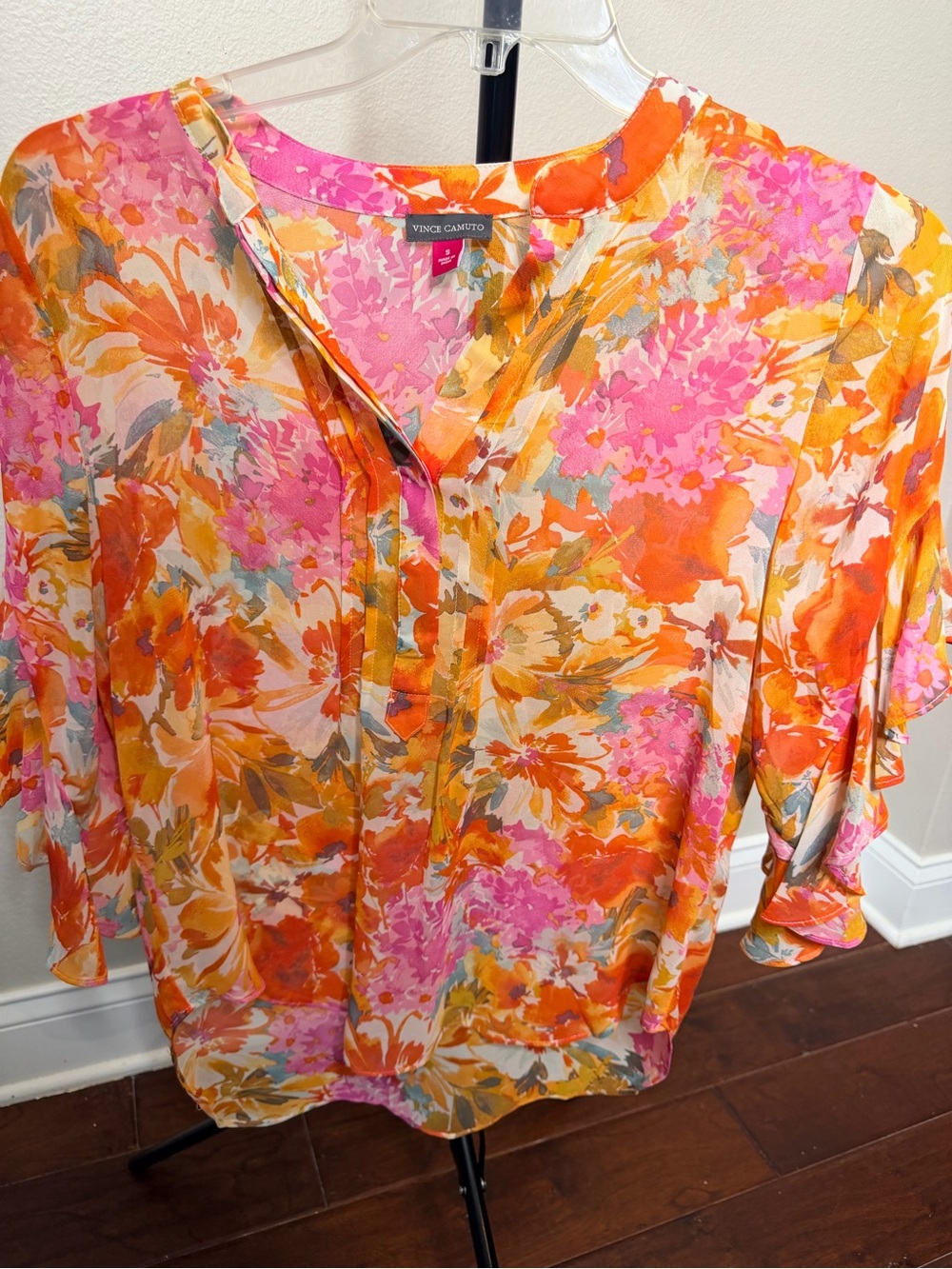 Vince Camuto Pink Orange Floral Ruffle Sleeve Blouse Size S